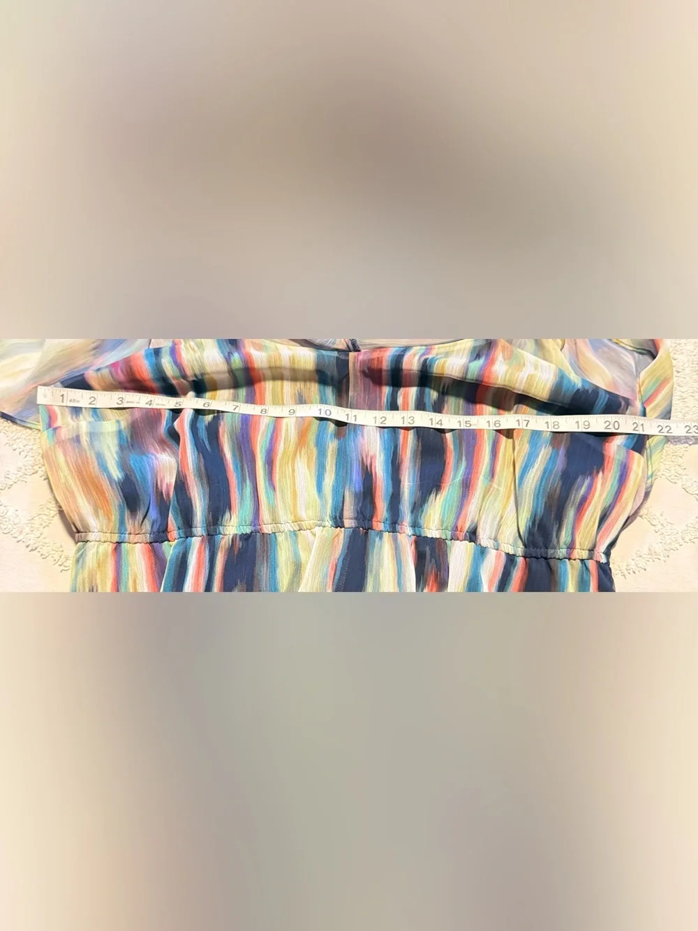 a.n.a Off-Shoulder Watercolor Stripe Asymmetrical Midi Dress - Navy, Teal, Red - Picture 8 of 10